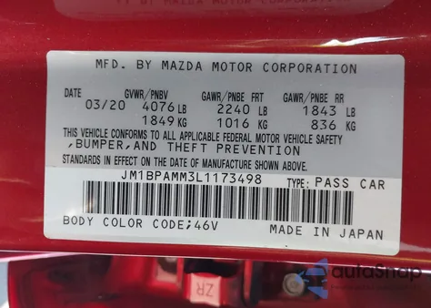 2020 Mazda 3 Preferred z USA, uszkodzony, nr VIN JM1BPAMM3L1173498